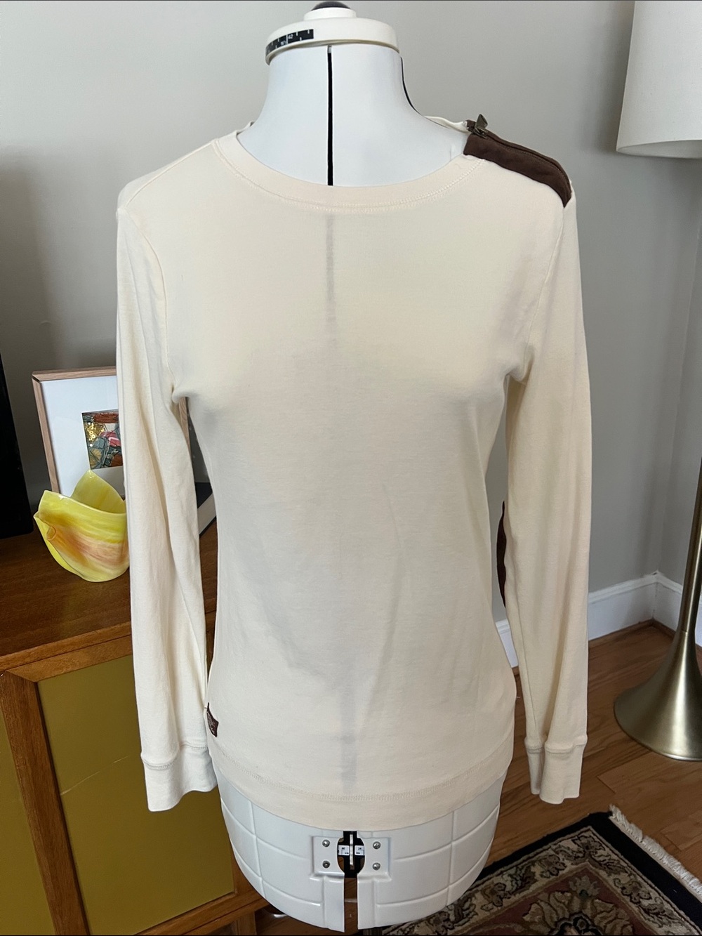 Lauren Ralph Lauren Cream Long-Sleeve Crewneck with Brown Shoulder Accent